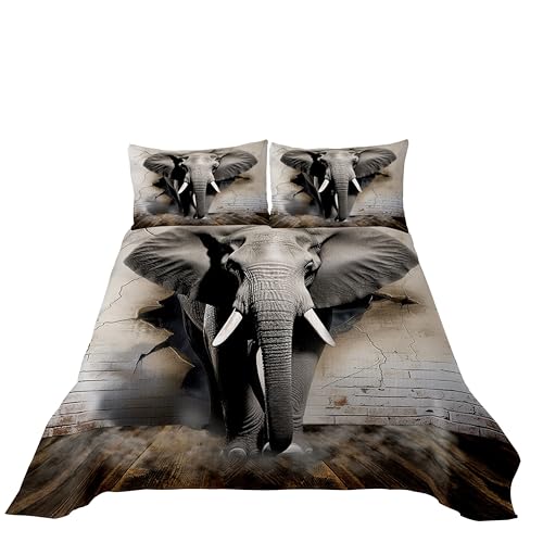 3D Elephant Bedspread Queen Size Brown Brick Wall Backdrop Coverlet Set for Kids Child, Wild Safari Theme Quilted Western Animals Bedspread Quilt Set African Wildlife Bedroom Decor