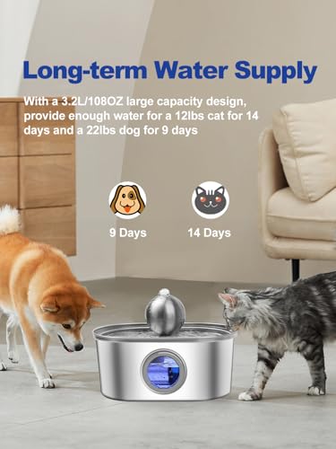 Cat-Water-Fountain-Automatic-Stainless-Steel-Pet-Fountain-Water-Dispenser-108oz32L-Water-Fountain-for-Dog-Inside-with-Quiet-Pump-with-4-Replacement-Filters-LED-Visual-Water-Level-Window