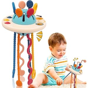 Kidology Pull String Toy for Babies Teething String Sensory Montessori Toys Baby Girl,Travel Toy for 6+Months Boy Food Grade Silicone Fine Motor Skills Toy for Toddlers (UFO), Multicolor