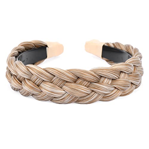 BOBIYA Wide Chunky Plaited Braided Headband Hair Band Synthetic Braid Hairpieces with Teeth Piano Two Tone Colors Accessories for Women Girl (5-Sandy Blonde)