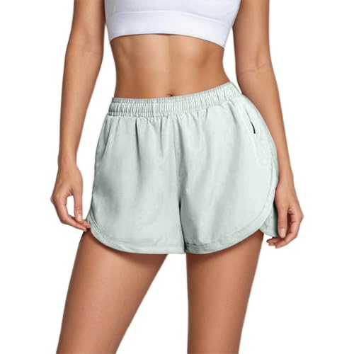 Pantalones Cortos Deportivos 2 En 1 Mujer Verano Pantalones Cortos De Deporte para Mujer con Bolsillo De Verano Mallas Ligero Transpirable Forro Interior Short Running Cintura Alta (Light Green-1, L)