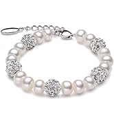 14K Gold White Pearl Button Beaded Bracelet for Women,Dainty Freshwater Pearl Round Moissanite Ch...