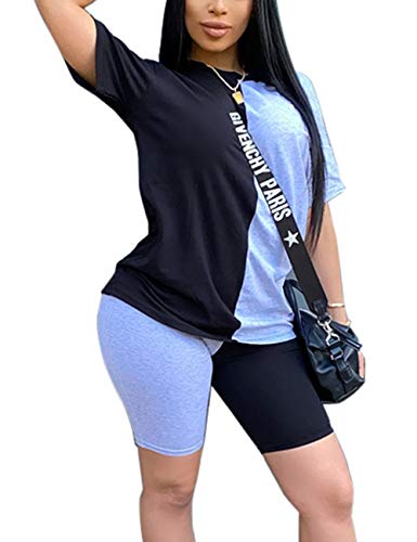 Shorts 2 Piece Outfits For Women,Casual Color Block Short Sleeve Tops Bodycon Short Tracksuit Set #TOP30