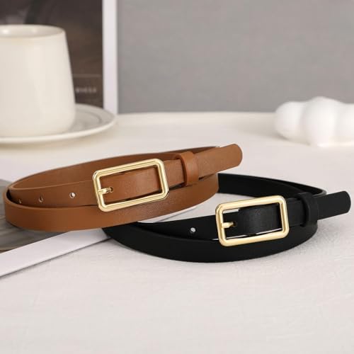 2 Pack Women's Skinny Genuine Leather Belt Rectangle Gold Buckle Black Belt2