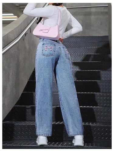 WDIRARA Women's Petite Bow Embroidered Mid Rise Baggy Jeans Y2k Basic Wide Leg Denim Pants4