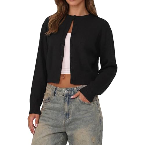 Image of Women Y2K Button Front Crop Sweater Cardigan Solid Color Crew Neck Long Sleeve Knit Fall Tops Streetwear
