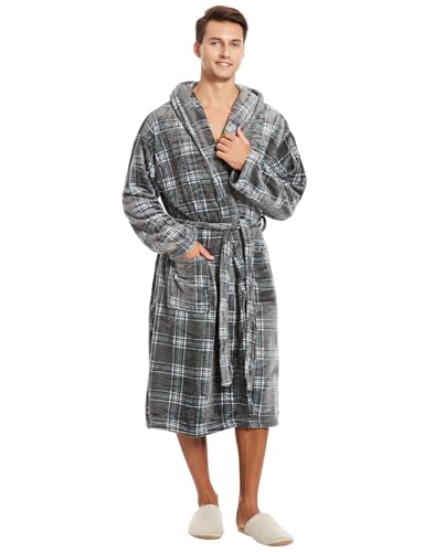Yoimira Mens Robe with Hood Cozy Fluffy Robe for Men Luxury Hooded Plush Fleece Bathrobe for Winter