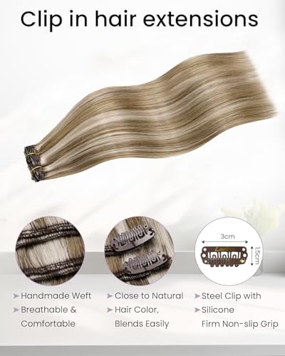 Image of LaaVoo Clip In Hair Extensions Real Human Hair, For Prom, 16 Inch 5Pcs 80g | Balanced Light Brown Blended Blonde Highlights Human Hair Clip In Extensions, Natural Luster, Ideal For Formal Outings