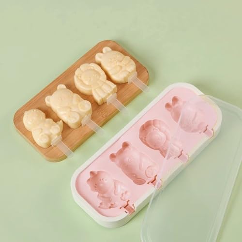 Image of 4 Animal Shape Cavity Non-Stick Silicone Ice Cream Mould with Lid & 6 Plastic Sticks Reusable Ice Lolly, Frozen Candy, Kulfi Molds, BPA-Free Stackable DIY Icecream Popsicle Maker (Multicolor)