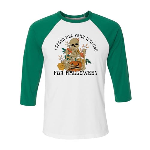 TeesAndTankYou I Spend All Year Waiting for Halloween Three-Quarter Raglan Sleeve Baseball Shirt Unisex Small White/Kelly