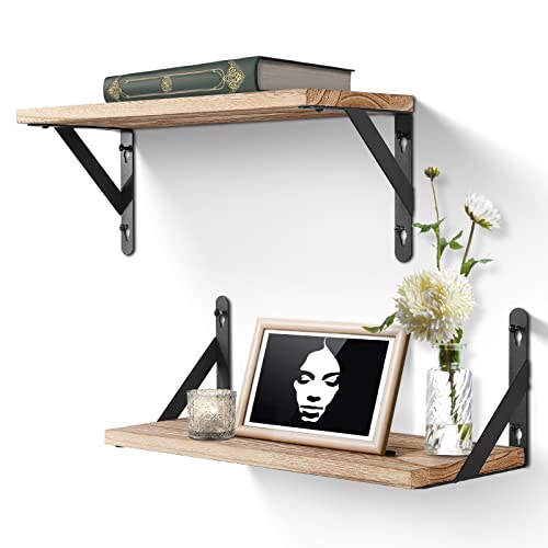 Uten Étagères Murales Design Moderne, Lot de 2 Étagères Murales en Bois, Étagères Murales Rustiques pour Cuisine, Salle de Bain, Salon, Bureau, Brun Clair