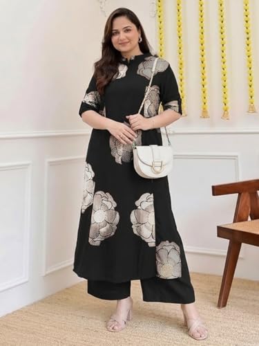 Image of ANNI Designer Women Viscose Blend Straight Fit Printed Kurta Palazzo Set | Mandarin Neck Outfit | Lightweight Breathable Fabric | Comfortable Elegant Styling for Office Casual Wear