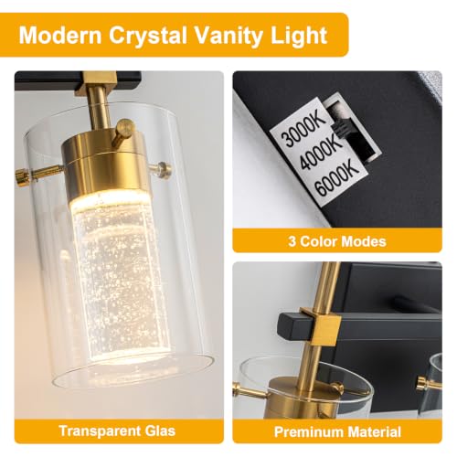 Image of 3-Light Black and Gold Vanity Light with 3 Color Modes (3000K /4000K /6000K), Eye Protection LED Bathroom Light Fixture, Dimmable Modern Wall Light Over Mirror with Clear Glass Shade