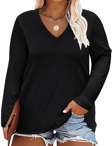 Halife Womens Plus Size V Neck Tshirts Fall Long Sleeve Tops Casual Loose Fit Tee Shirts Tunics XL-5X