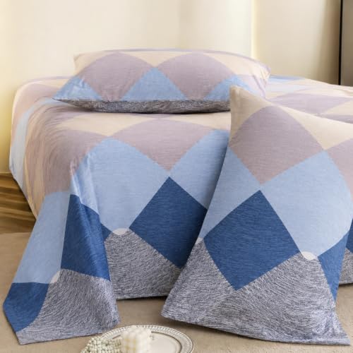 Image of DECOR2ADMIRE 300TC Premium Glace Cotton Printed Super King Size Double Bedsheet with Two Pillow Covers, 108 * 108 Inches or 9ft by 9ft or 275 cm x 275 cm (Blue Pastel Checks)