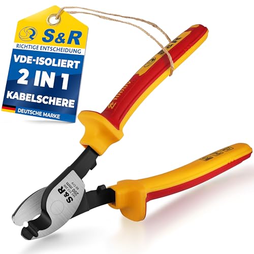 S&R Kabelschere VDE 1000V Elektriker-Werkzeug, 200mm Kabelschneider, Drahtschneider Kombi-Zange, HRC-66 hitze- und induktions-gehärteter 70C legierter Stahl, Präzisionsschliff, Schneidbacken 25mm