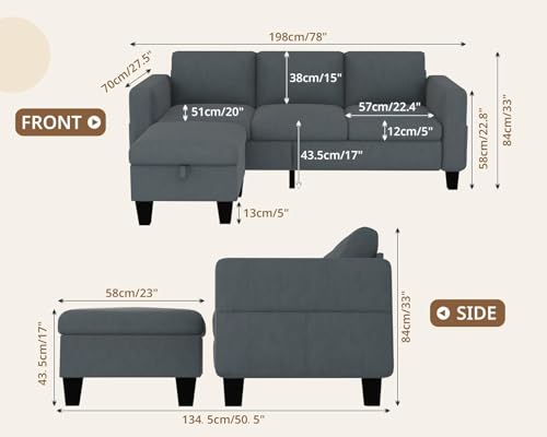 Image of SRMS Sectional Couches for Living Room 78 inch L Shaped Sofa with Storage Ottoman | Free 3 - Pillows | Sofa Set for living Room, Office| Modern Classic 3 Seater Sofa Set | Grey