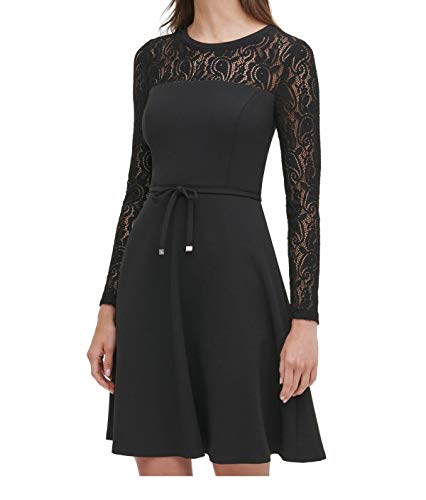 Tommy Hilfiger Women's Lace Sleeve Fit and Flare Dress, Black, 4