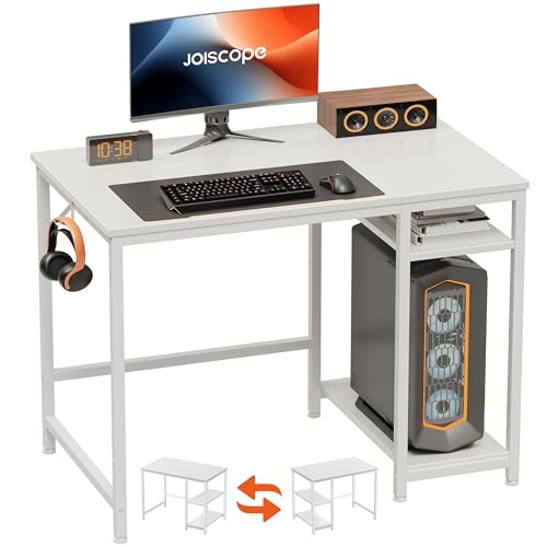 JOISCOPE Home Office Tavolo da Gioco con Rack di Stoccaggio, Piccolo Computer Tavolo da Ufficio con Tavolo, Moderno Computer Tavolo, Studio e Tavolo da Scrittura, 100cm, Bianco