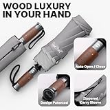 Royal Walk Windproof Folding Travel Umbrella Compact and Strong Luxurious Real Wood Handle Automatic Open Close Vented Double Canopy for Men and Women (Grey) - Image 3