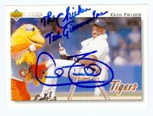 Cecil Fielder and Ted Giannaclos San Diego Chicken autographed baseball card (Detroit Tigers) 1992 Upper Deck #255