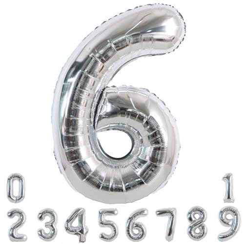 Image of TONIFUL 40 Inch Silver Number 6 Balloon Large Foil 6th Birthday Decorations | Silver 6 Balloon Number Six for 6th 16th 60th Birthday 6 Year Anniversary, Silver Birthday Decor for Men Women Boys Girls