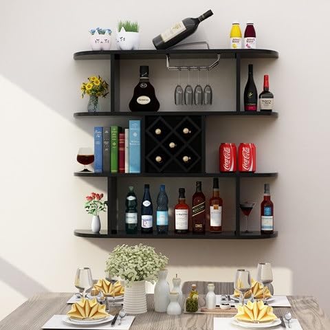 Casier à vin mural en bois noir 120cm avec porte-verres et étagère losange