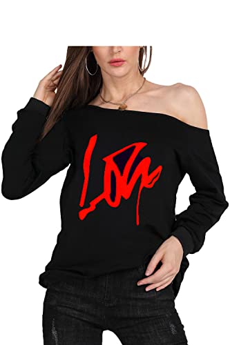 Image of MAGICMK Woman's Sweatershirt Lips Print Causal Blouse Off The Shoulder Long Sleeve Loose Slouchy Pullover Plus Size Tops