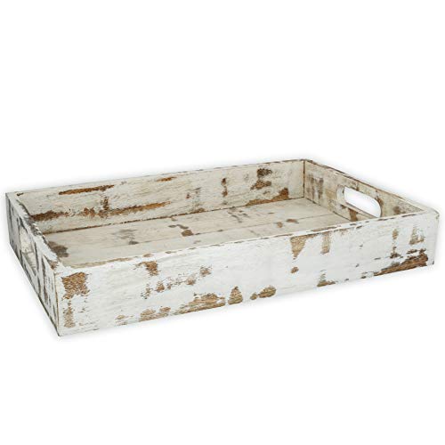 GoCraft Handmade Classic Wooden Tray Medium Size | Serveware Kitchen Accessories Tray - 15\" (Rustic White Finish)