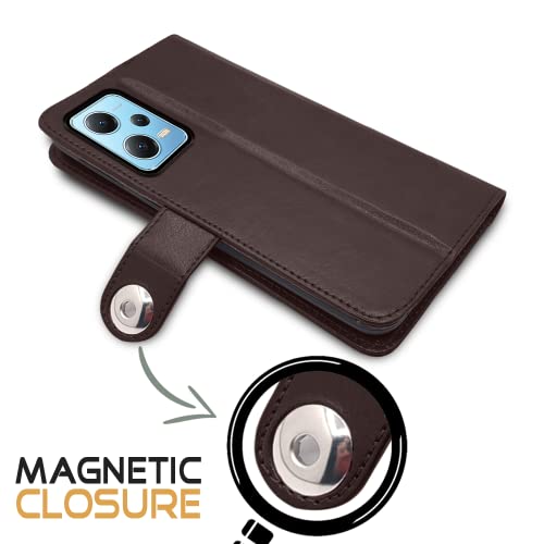 Image of Pikkme Poco X5 5G / Redmi Note 12 5G Flip Cover Leather Finish | Inside TPU with Card Pockets | Wallet Stand and Shock Proof | Complete Protection Button Flip Case (Coffee)