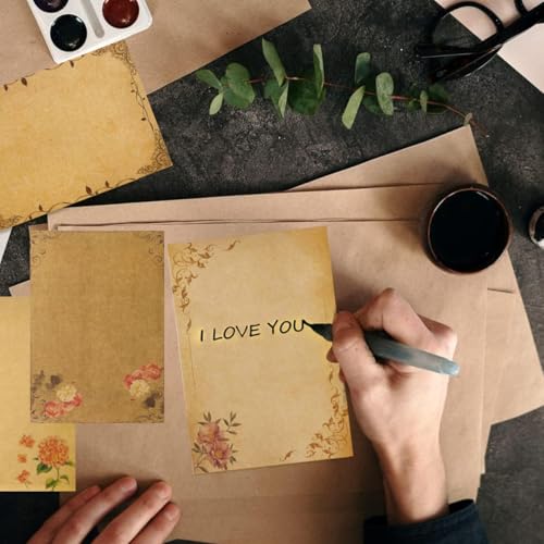 Image of Vintage Letter Writing Paper Sheets, 48 Pcs Floral Decorative Retro Stationery, 8 Designs, Antique Yellowish Craft Papers for Invitations, Scrapbooking, Handmade Notes, Journaling, 8.26x5.7in