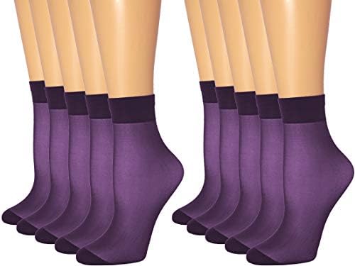 MALVA 10 Pairs Women's Ankle High Sheer Socks, Thin Summer Socks, Soft Tight Hosiery with Reinforced Toe (Purple)