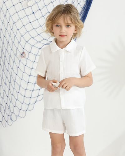 Image of Toddler Boy Clothes Little Kids Summer Outfits Short Sleeve Button Down Shirt Top Shorts Set 2 PCS Boy's Clothing