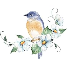 EW Designs Pretty Spring Bird on Branch Watercolor Art - Blue Vinyl Decal Bumper Sticker 8" Wide