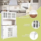 COSTWAY Large Kitchen Storage Cabinet, Freestanding Buffet Cupboard with Adjustable Shelves, Tempered Glass Doors, 9 Wine Compartments & 3 Drawers, Wooden Tall Sideboard for Living Room Office (White) - Image 7