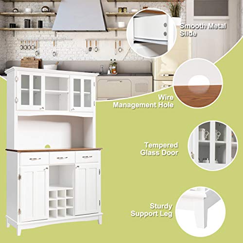 Giantex Buffet Hutch Cabinet, Kitchen Hutch Sideboard, Buffet Cabinet On Storage Island, Wood Kitchenware Server With 3 Large Drawers And 9 Wine Bottle Modulars (White) #TOP4