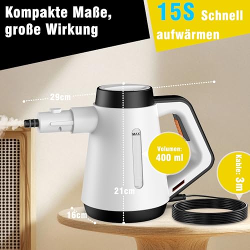 Fippesax ručni parni čistač, višenamjenski tlačni parni čistač od 400 ml s dodacima od 9 dijelova, parni čistač bez kemikalija za kućnu upotrebu, čišćenje podova, pločica, prozora, sofa (bijeli)