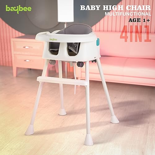 Image of Baybee 4 in 1 Convertible Kids High Chair for Baby | Comfortable Booster Seat with Height Adjustable, Footrest, Food Tray & 3 Point Safety Belt | Feeding Chair for 1 to 4 Years Boys Girls (White)
