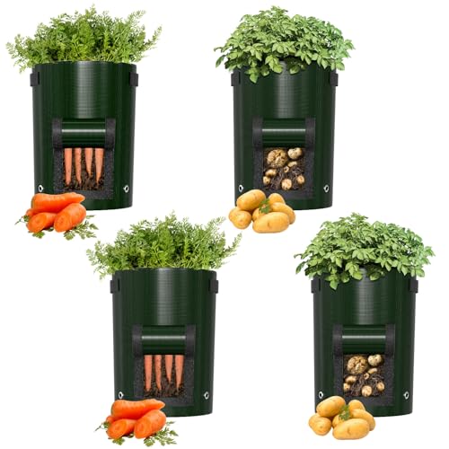 Potato Grow Bag 4 Pack Grow Bags for Vegetables Plant Grow Bags Garden Plant Bags with Strap Handles and Access Flap for potatoes tomatoes cucumbers and Other Vegetables（Green）