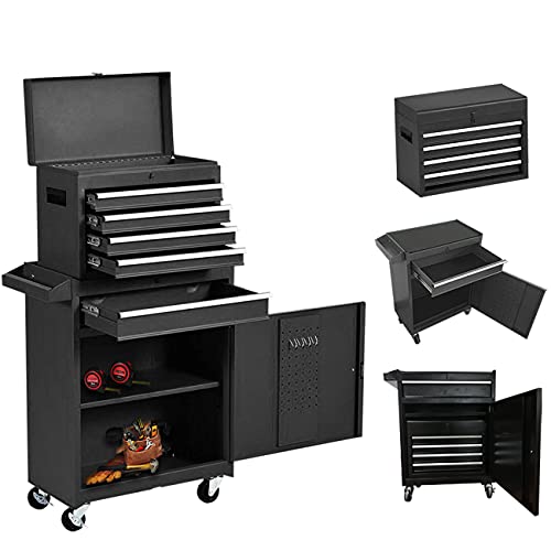 5-Drawer Rolling Tool Chest, Big Tool Box Organizer, Removable Tool Cabinet with Lock for Workshop Garage, Tool Box with Sliding Drawers and 4 Wheels, Tool Chest for Workshop Garage (Black,5 Drawers)