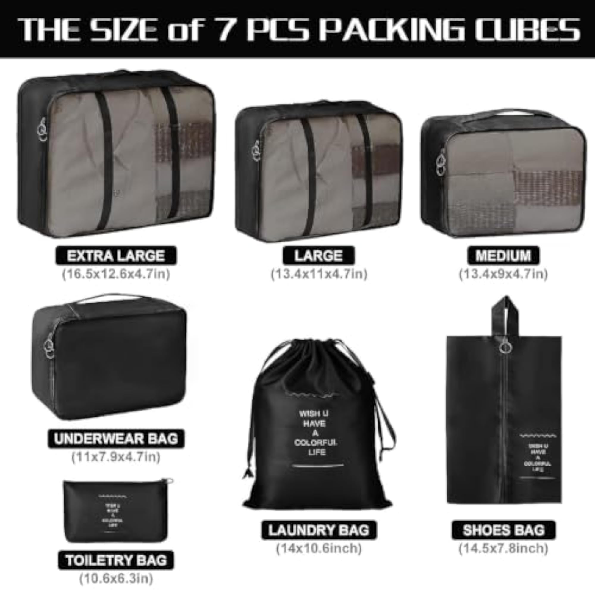 7 Pcs Travel Packing Organizer Set, Black