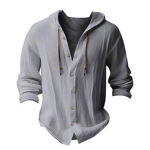 Men's Linen Button Lightweight Hoodies Fashion Shirt Cardigan Long Sleeve Casual Beach Sweatshirt, M-3XL3