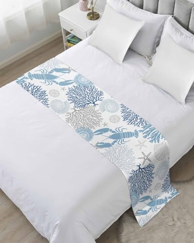Navy Blue Coastal Bed Runner for Full/Queen Size, Summer Lobster Coral Nautical Bedspread Protector Slipcover Bed Scarf for Foot Runners & Scarves for Bedroom Hotel Wedding Room 83x20 Inches
