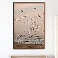 Framed Canvas Wall Art Flock of Birds Beach Birds Expressive Group Living Room Multicolor Photography - 16x24 inches