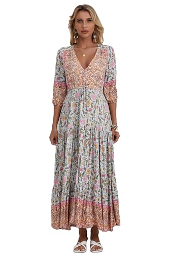 Image of Women Short Sleeve V Neck Floral Print Casual Bohemian Maxi Dresses