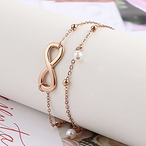 Jude Jewelers Stainless Steel Infinity Charm Faux Pearl Double Strand Anklets2