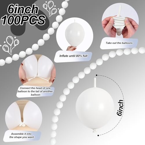 Image of White Link Balloons, 100PCS Linking Balloons with Tail for Making Balloon Wall Arch and Chains, Pearl Quick Balloon for Wedding Birthday Baby Shower Engagement Graduation Party Decorations (6inch)
