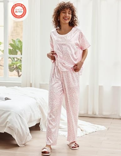 Image of Ekouaer Womens Satin Silky Pajama Set Short Sleeve Shirt with Long Pajama Pant Set Soft PJ Loungewear