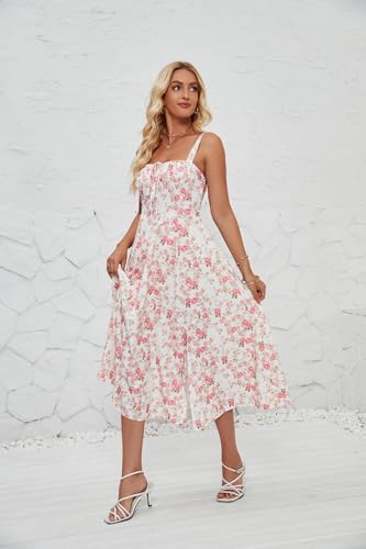 Floral Summer Midi Dress, Square Neck, Sleeveless, White with Pink Rose Print4