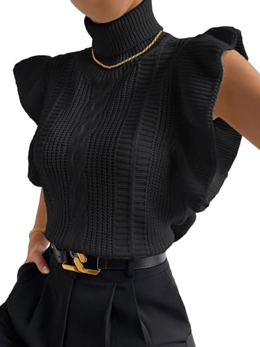 Image of GORGLITTER Women's Short Sleeve Sweater Vest Cable Knit Turtleneck Sleeveless Pullover Tank Tops